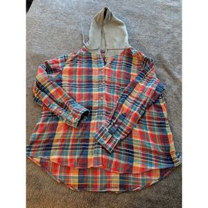 Time and Tru Women XL 16-18 Hooded Flannel Shirt Plaid Button Down Multi-Color